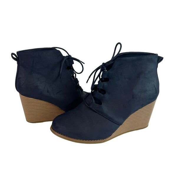 🟣🟣🟣 NAUTICA Womens Size 9.5 Dark Blue Tie Up Wedge Heels - Picture 2 of 8